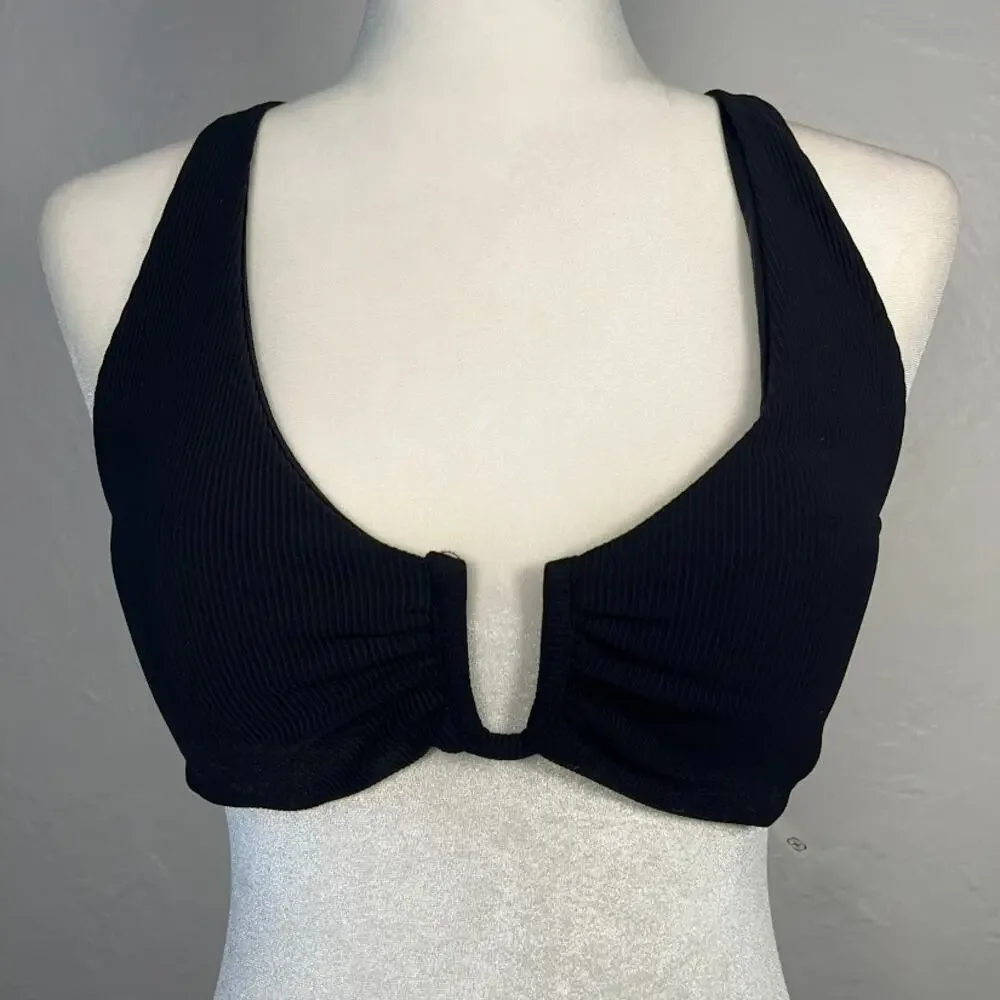 NWT Berlook Black U-Ring Ribbed Cross Back Bikini Swim Top L